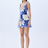 Indigo Velvet Mini Dress With White Velvet Crystal Embellished Embroidery