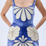 Indigo Velvet Mini Dress With White Velvet Crystal Embellished Embroidery
