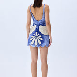 Indigo Velvet Mini Dress With White Velvet Crystal Embellished Embroidery