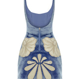 Indigo Velvet Mini Dress With White Velvet Crystal Embellished Embroidery