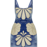 Indigo Velvet Mini Dress With White Velvet Crystal Embellished Embroidery
