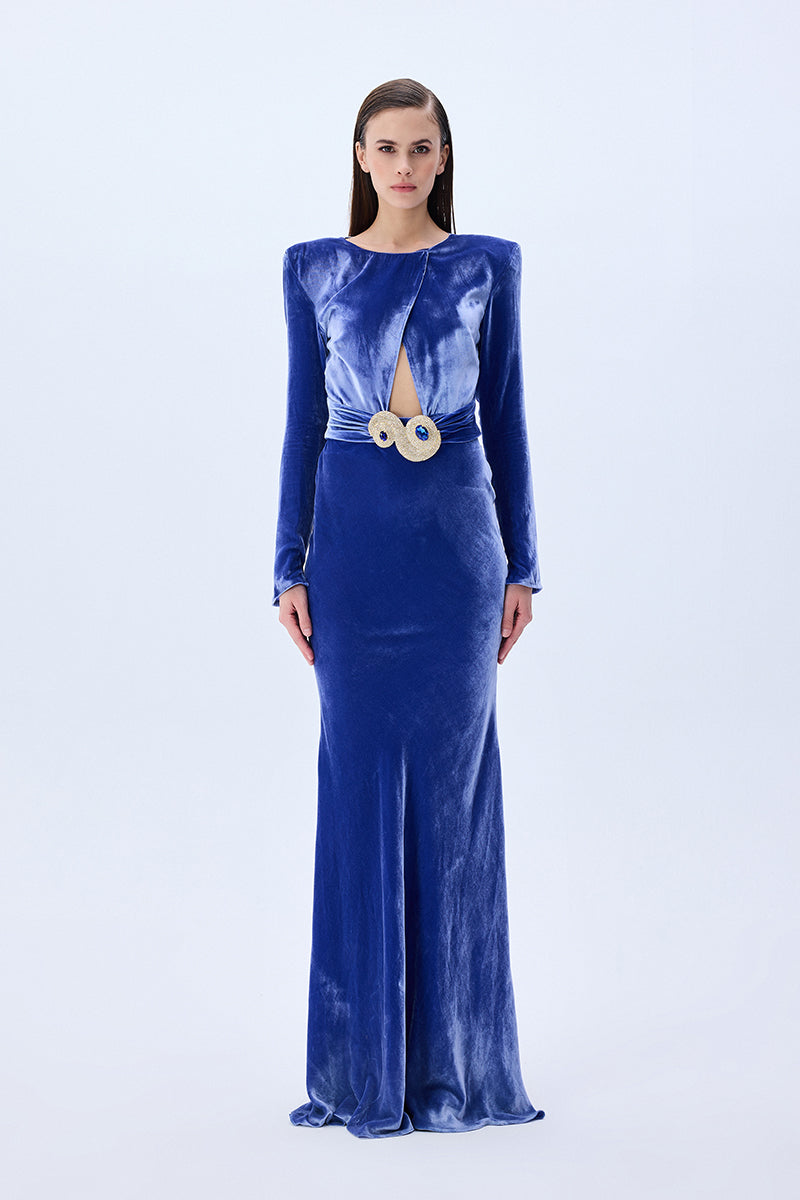 Indigo Velvet Maxi Dress With Cutout Detail And Cyrstal Belt