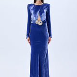 Indigo Velvet Maxi Dress With Cutout Detail And Cyrstal Belt
