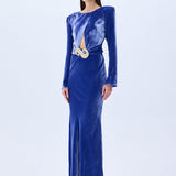 Indigo Velvet Maxi Dress With Cutout Detail And Cyrstal Belt