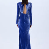Indigo Velvet Maxi Dress With Cutout Detail And Cyrstal Belt