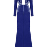 Indigo Velvet Maxi Dress With Cutout Detail And Cyrstal Belt