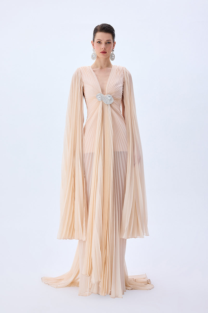 Champagne Pleated Chiffon Maxi Dress With Crystal Belt And Mini Dress Lining