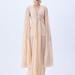 Champagne Pleated Chiffon Maxi Dress With Crystal Belt And Mini Dress Lining