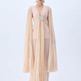 Champagne Pleated Chiffon Maxi Dress With Crystal Belt And Mini Dress Lining
