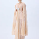 Champagne Pleated Chiffon Maxi Dress With Crystal Belt And Mini Dress Lining