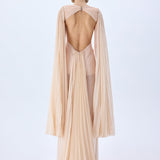 Champagne Pleated Chiffon Maxi Dress With Crystal Belt And Mini Dress Lining