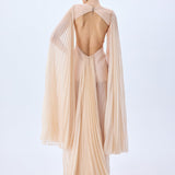 Champagne Pleated Chiffon Maxi Dress With Crystal Belt And Mini Dress Lining