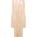 Champagne Pleated Chiffon Maxi Dress With Crystal Belt And Mini Dress Lining