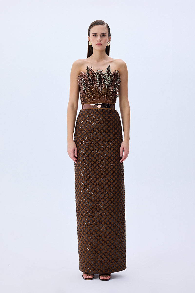Brown Sequined Net Dress With Velvet Lining And Patent Flowers