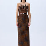 Brown Sequined Net Dress With Velvet Lining And Patent Flowers