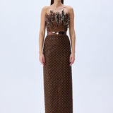 Brown Sequined Net Dress With Velvet Lining And Patent Flowers