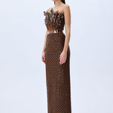 Brown Sequined Net Dress With Velvet Lining And Patent Flowers