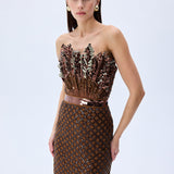 Brown Sequined Net Dress With Velvet Lining And Patent Flowers