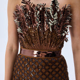 Brown Sequined Net Dress With Velvet Lining And Patent Flowers