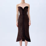Brown Sequined Net Midi Dress With Silk Velvet Borders