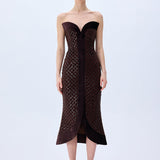 Brown Sequined Net Midi Dress With Silk Velvet Borders