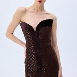 Brown Sequined Net Midi Dress With Silk Velvet Borders