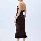 Brown Sequined Net Midi Dress With Silk Velvet Borders