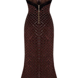 Brown Sequined Net Midi Dress With Silk Velvet Borders