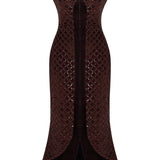 Brown Sequined Net Midi Dress With Silk Velvet Borders