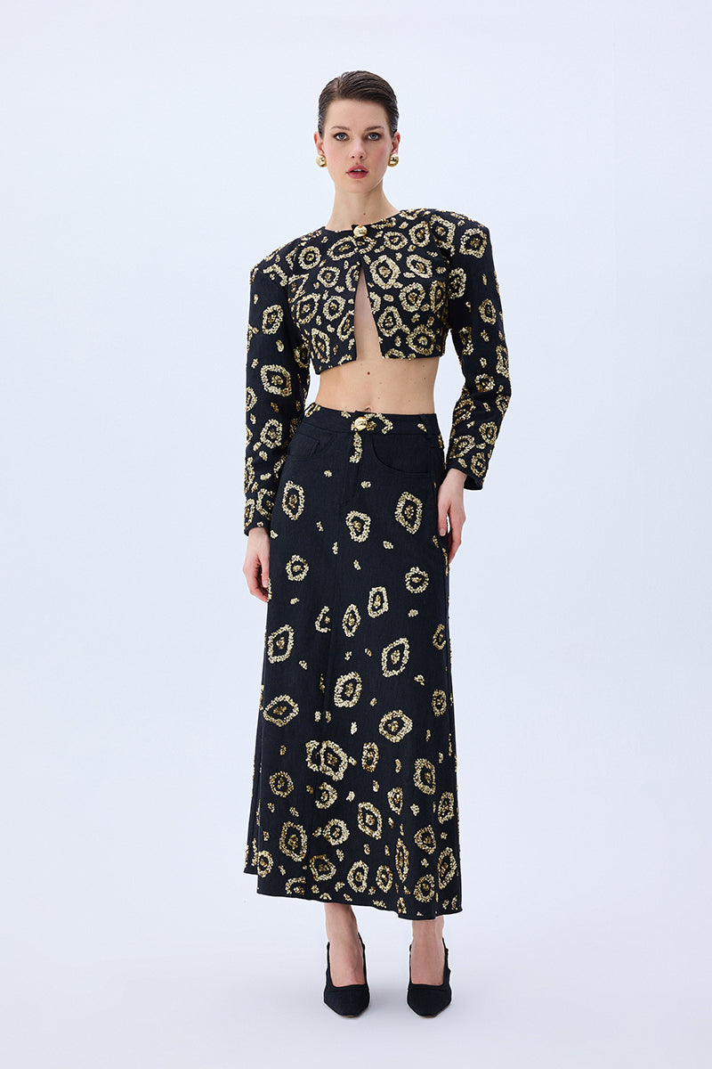 Denim Skirt With Gold Leopard Sequin