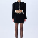 Black Crepe Mini Skirt With Crystal Rope Belt