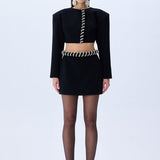 Black Crepe Mini Skirt With Crystal Rope Belt