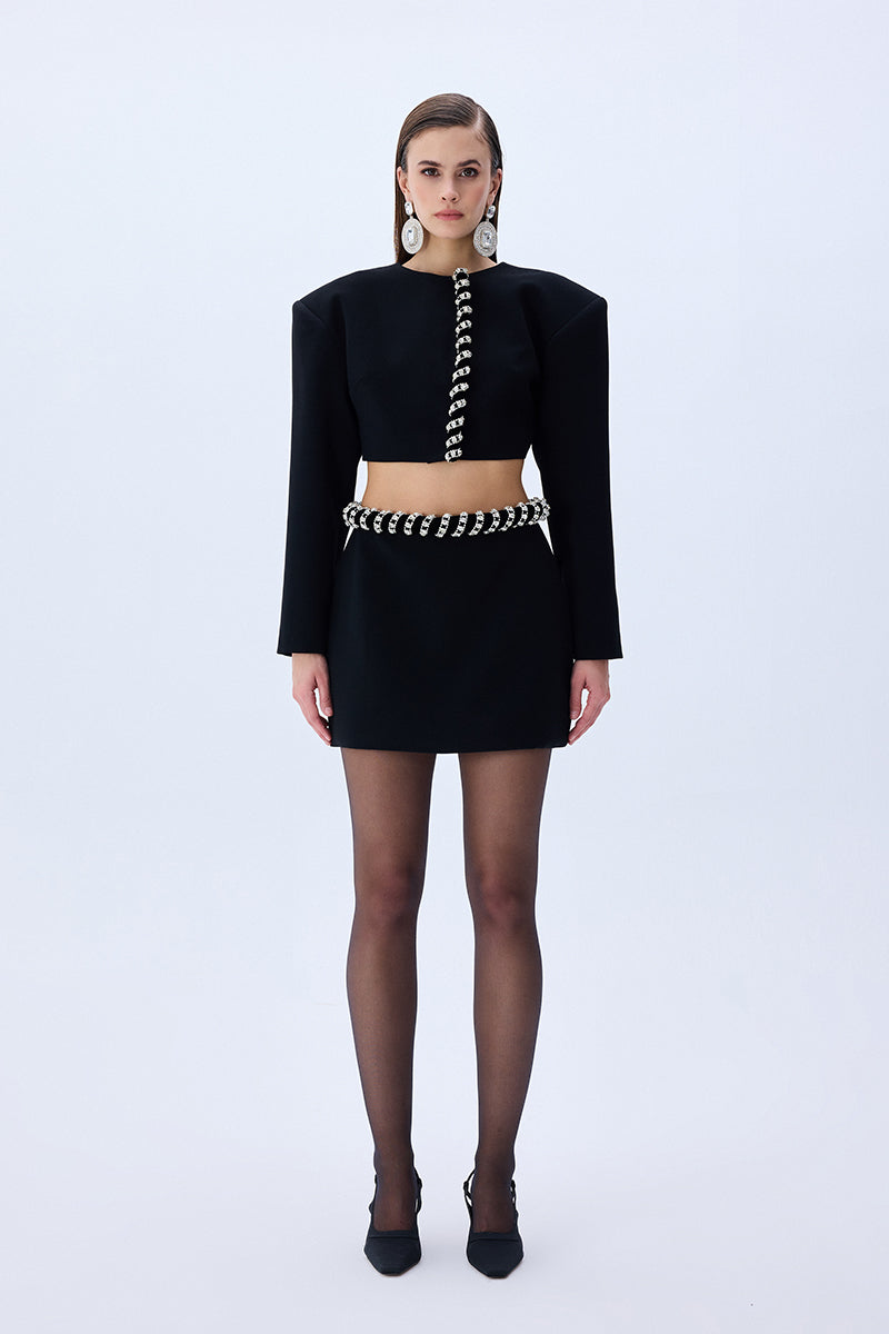 Black Crepe Jacket With Crystal Rope Border