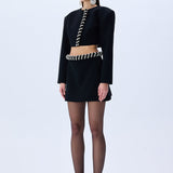 Black Crepe Mini Skirt With Crystal Rope Belt