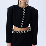 Black Crepe Mini Skirt With Crystal Rope Belt