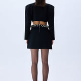Black Crepe Mini Skirt With Crystal Rope Belt