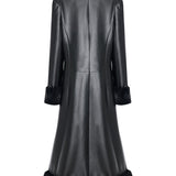 Black Leather Coat With Fur Finishing And Black Velvet Embroidery