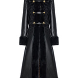 Black Leather Coat With Fur Finishing And Black Velvet Embroidery