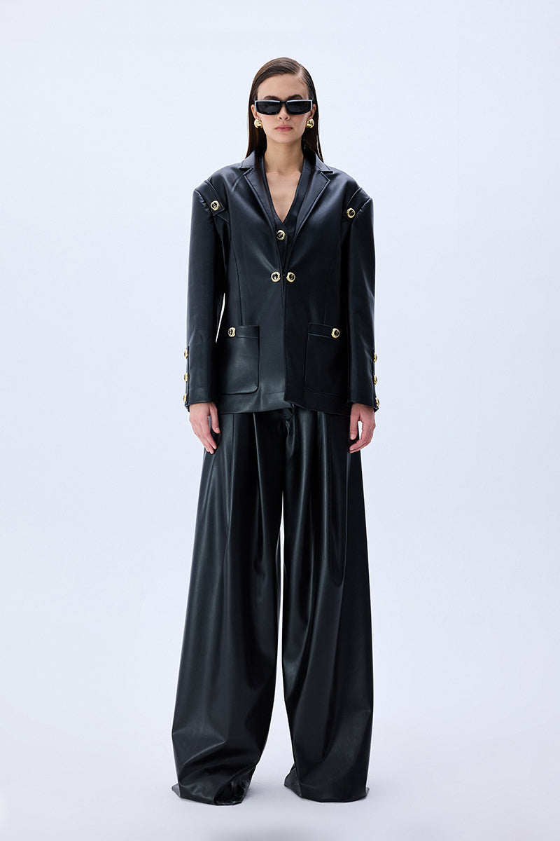 Black Pleated Leather Wide Leg Pants With Rv Stamped Buttons