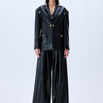Black Pleated Leather Wide Leg Pants With Rv Stamped Buttons