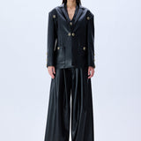 Black Pleated Leather Wide Leg Pants With Rv Stamped Buttons