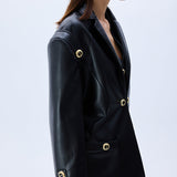 Black Leather Jacket With Rv Stamped Buttons And Epaulette
