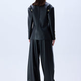 Black Pleated Leather Wide Leg Pants With Rv Stamped Buttons