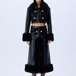 Black Leather Midi Skirt With Fur Finishing And Black Velvet Embroidery