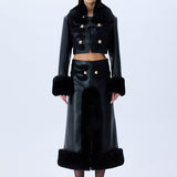 Black Leather Midi Skirt With Fur Finishing And Black Velvet Embroidery