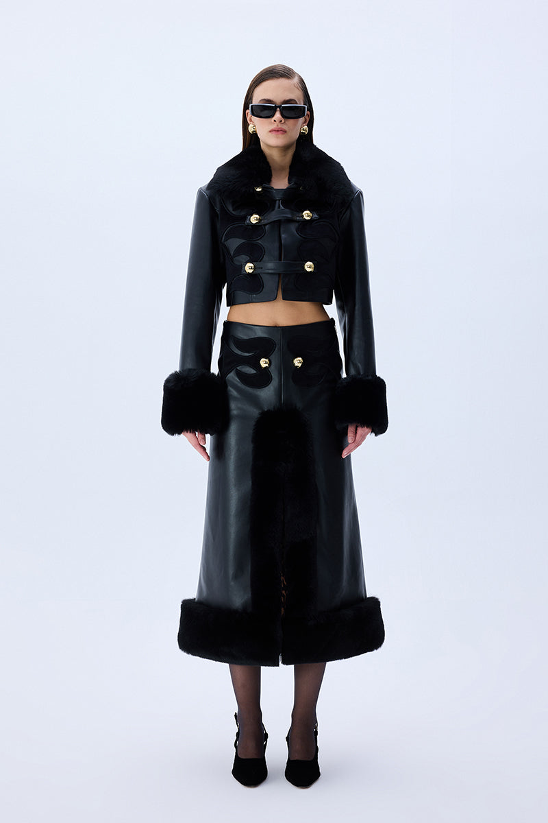 Black Leather Crop Jacket With Fur Finishing And Black Velvet Embroidery