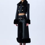 Black Leather Midi Skirt With Fur Finishing And Black Velvet Embroidery