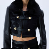 Black Leather Midi Skirt With Fur Finishing And Black Velvet Embroidery