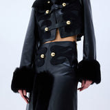 Black Leather Midi Skirt With Fur Finishing And Black Velvet Embroidery