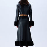Black Leather Crop Jacket With Fur Finishing And Black Velvet Embroidery